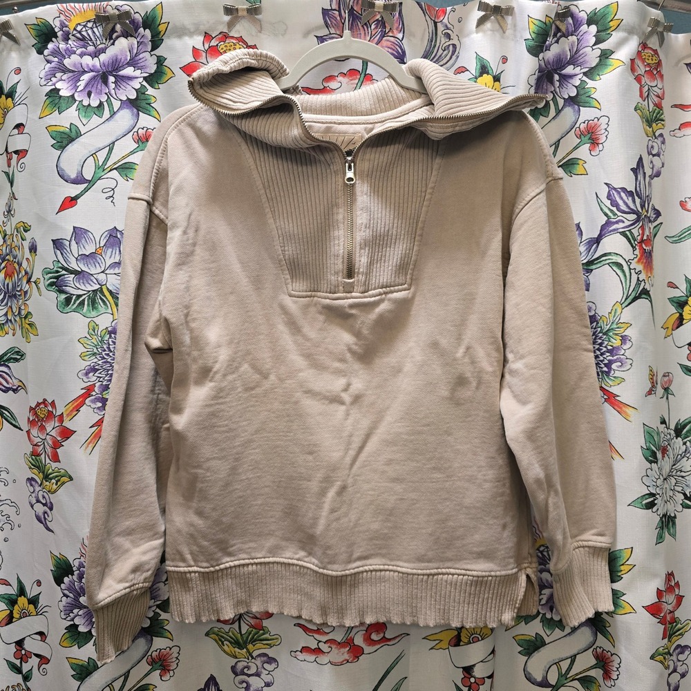 C&C California Sunwashed Quarter Zip Pullover Sweatshirt Beige Tan Womens Small‎
